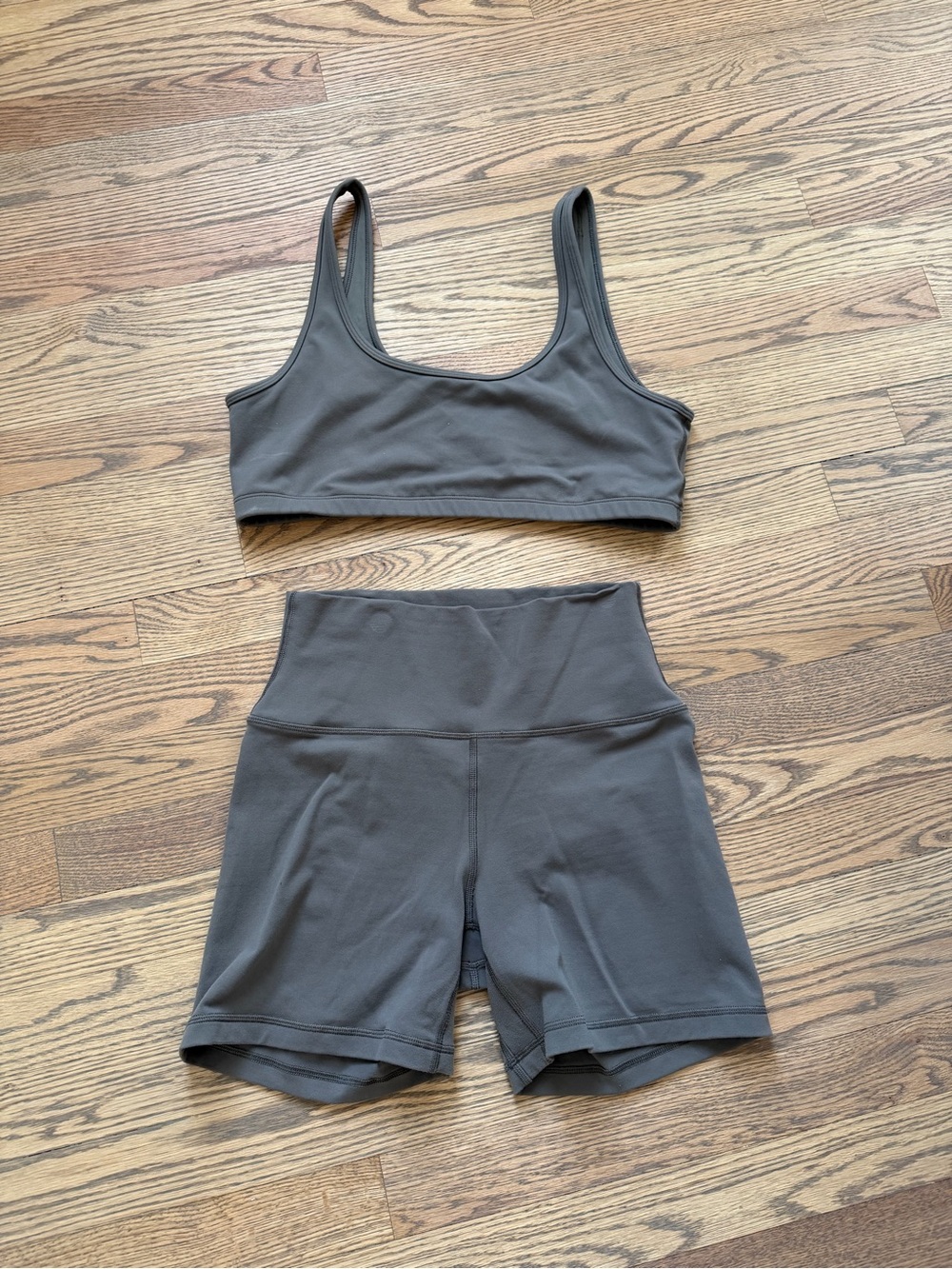 Aritzia taupe Athletic Bralette & High-Waist Bike Shorts